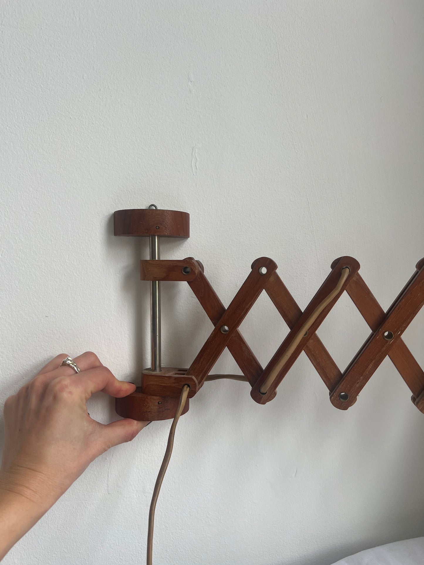 Mid Century teak scissor wall lamp with large chrome metal shade