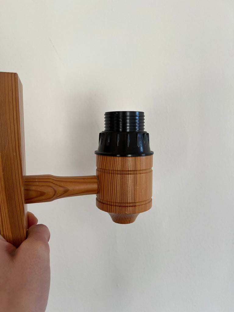 PAIR OF PINE WALL LIGHTS WITH PEACH PLEATED SHADES