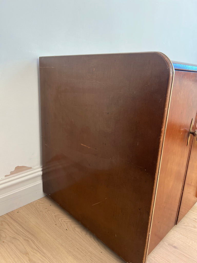 SMALL WALNUT VENEER RECORD CABINET WITH BRASS DETAILS