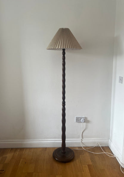 Vintage tall wooden bobbin floor lamp with pleated shade