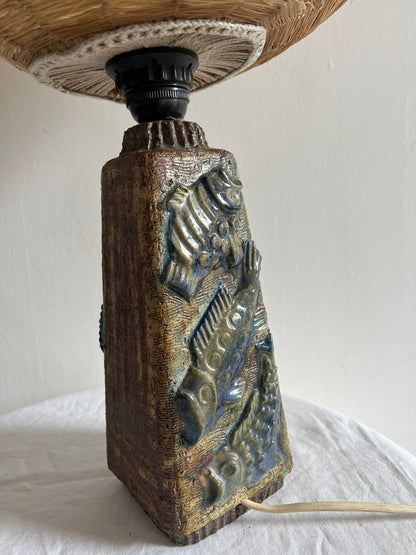 SWEDISH CERAMIC FISH LAMP WITH RATTAN GLOBE SHADE