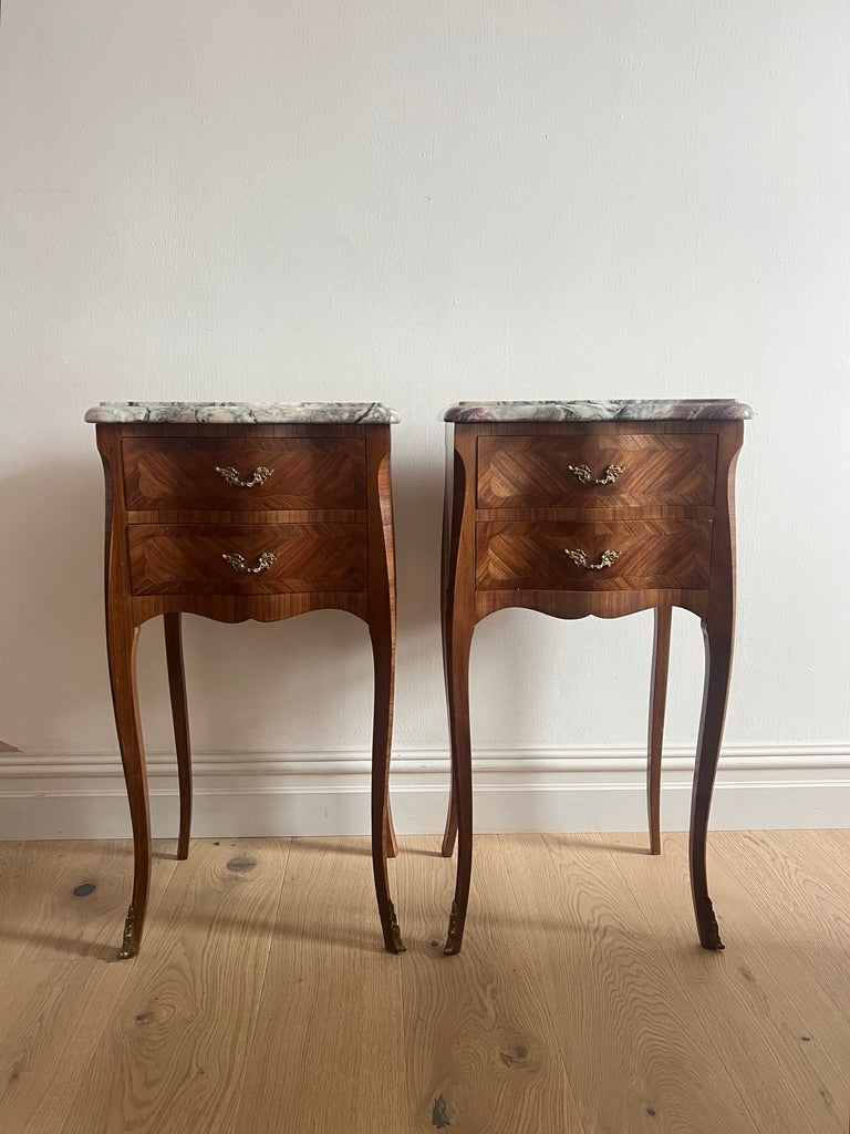 PAIR OF FRENCH MARBLE BEDSIDE TABLES – THE OBJECT SHOP