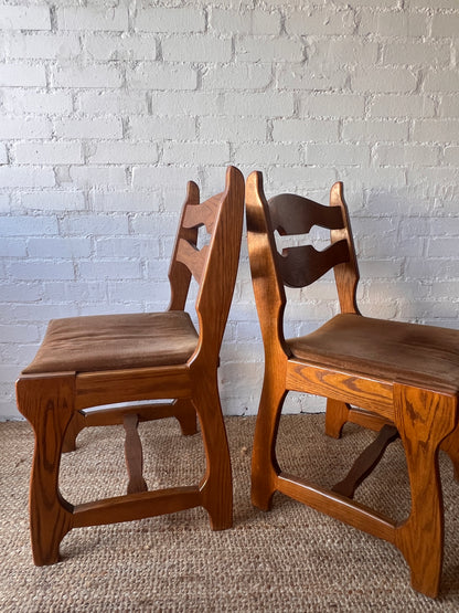 SET OF SIZE OAK & BROWN VELVET DINING CHAIRS