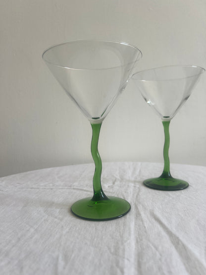 Pair of green wiggle stem cocktail glasses