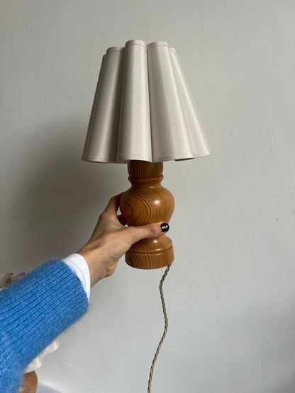 PAIR OF WOODEN BEDSIDE LAMPS WITH PETAL SHADES