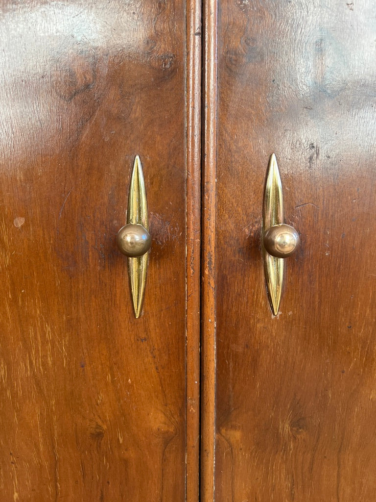 SMALL WALNUT VENEER RECORD CABINET WITH BRASS DETAILS