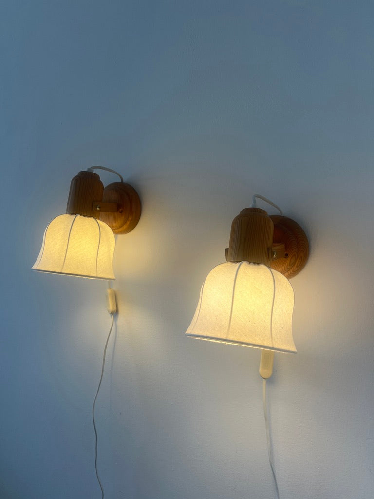 Pair of Swedish cocoon shade pine wall lights