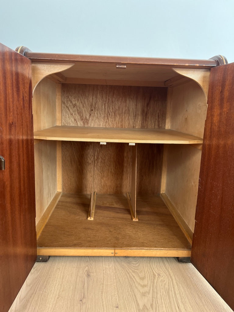 SMALL WALNUT VENEER RECORD CABINET WITH BRASS DETAILS