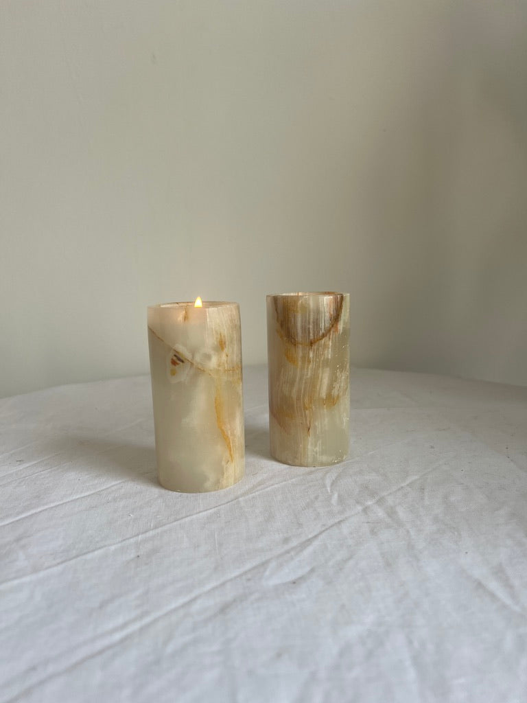 Pair of onyx cylinder tea light holders