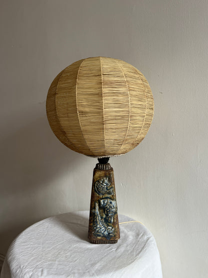 SWEDISH CERAMIC FISH LAMP WITH RATTAN GLOBE SHADE