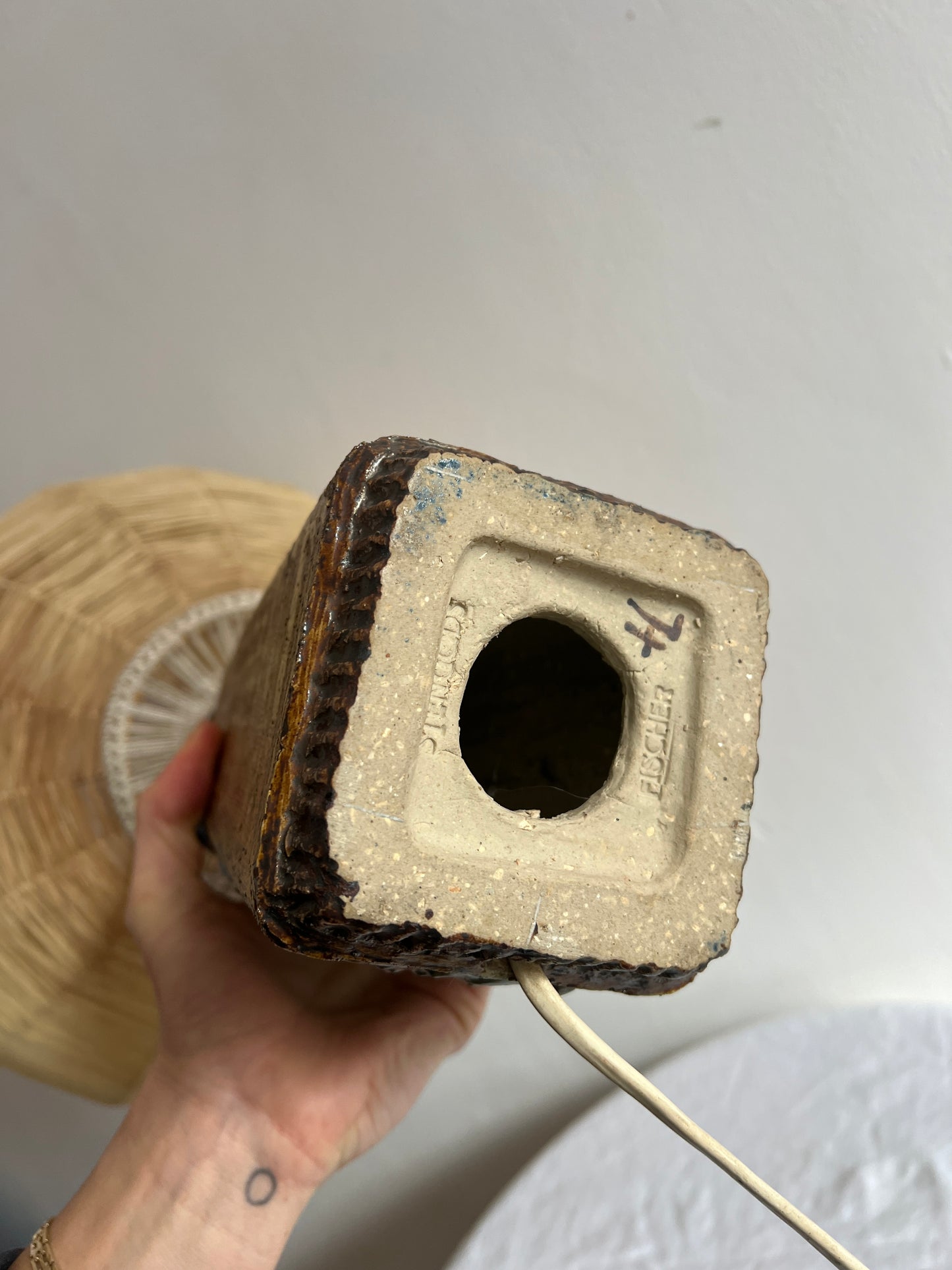 SWEDISH CERAMIC FISH LAMP WITH RATTAN GLOBE SHADE