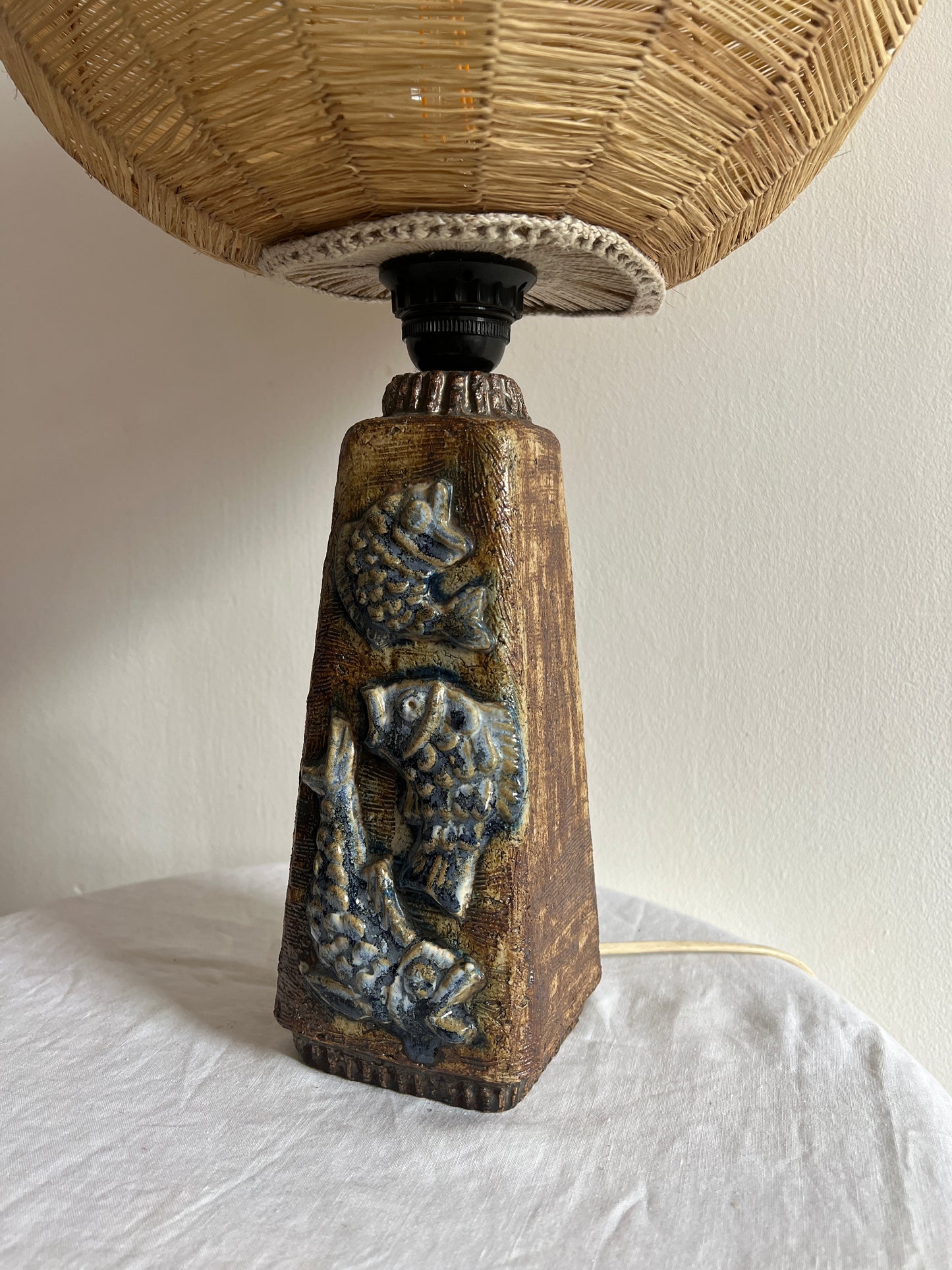 SWEDISH CERAMIC FISH LAMP WITH RATTAN GLOBE SHADE