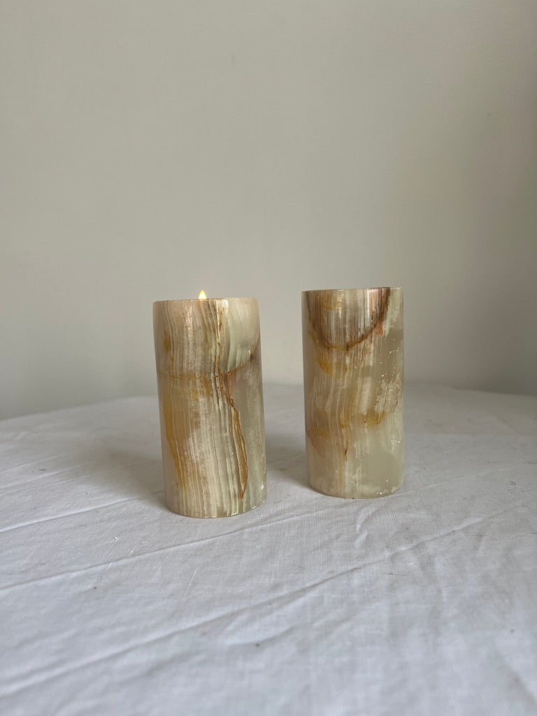 Pair of onyx cylinder tea light holders