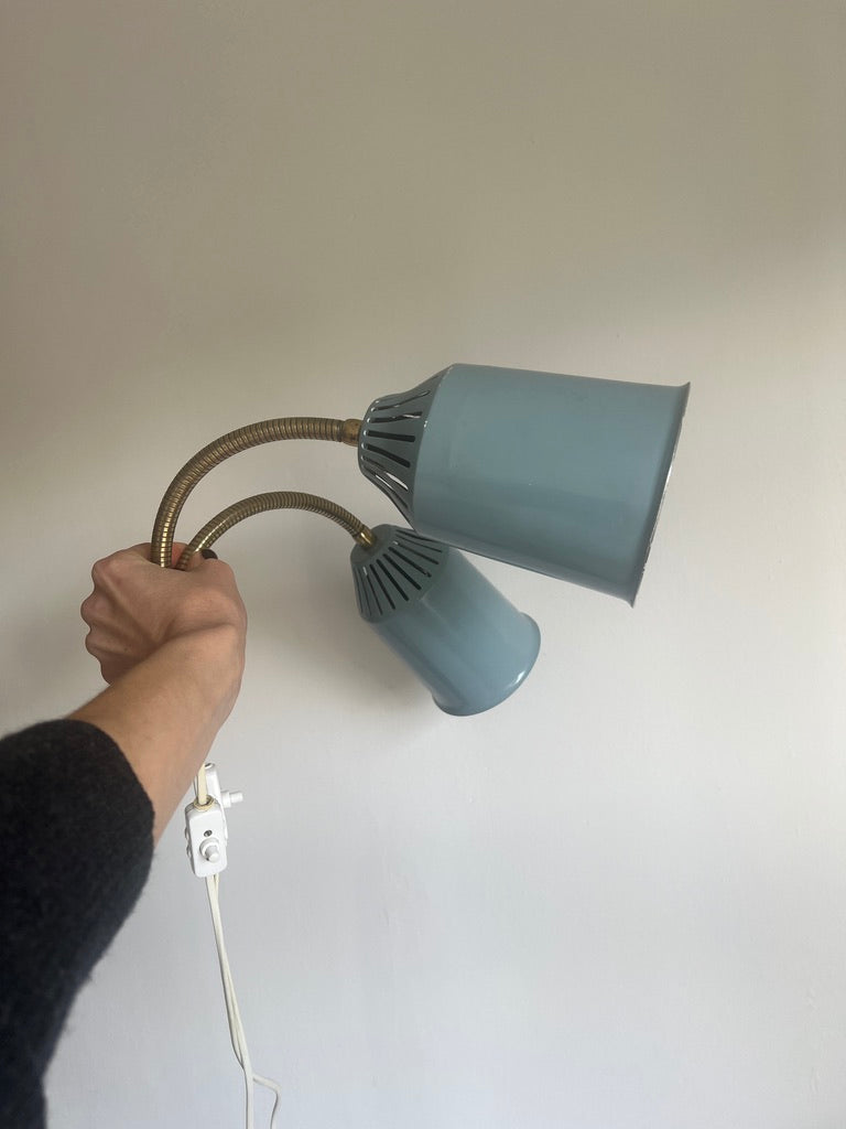 Pair of 50s baby blue brass and metal shades wall lights