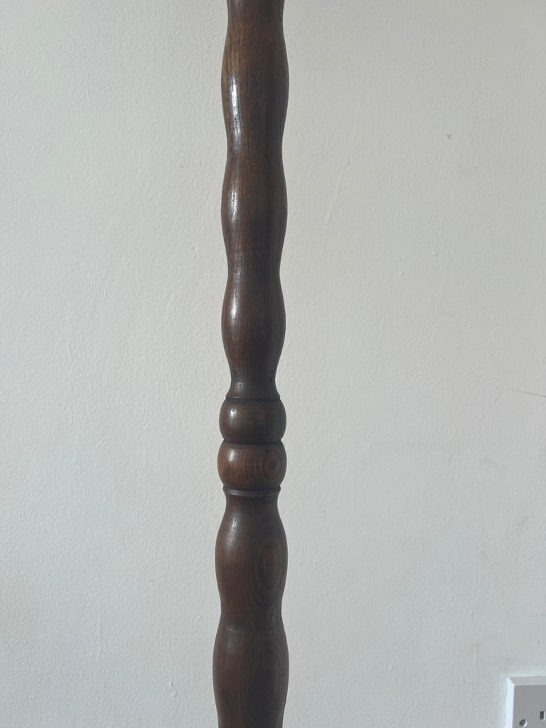 Vintage tall wooden bobbin floor lamp with pleated shade