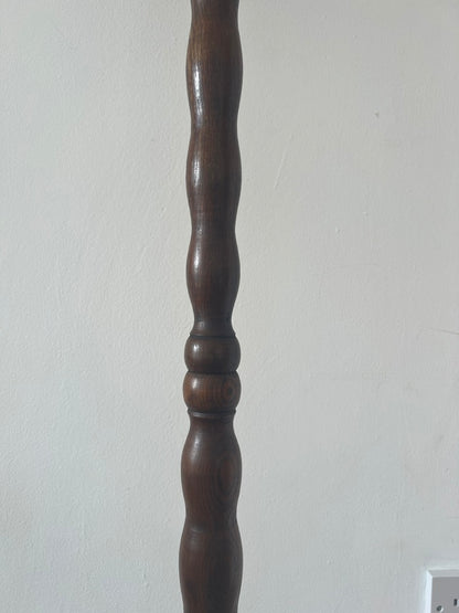 Vintage tall wooden bobbin floor lamp with pleated shade