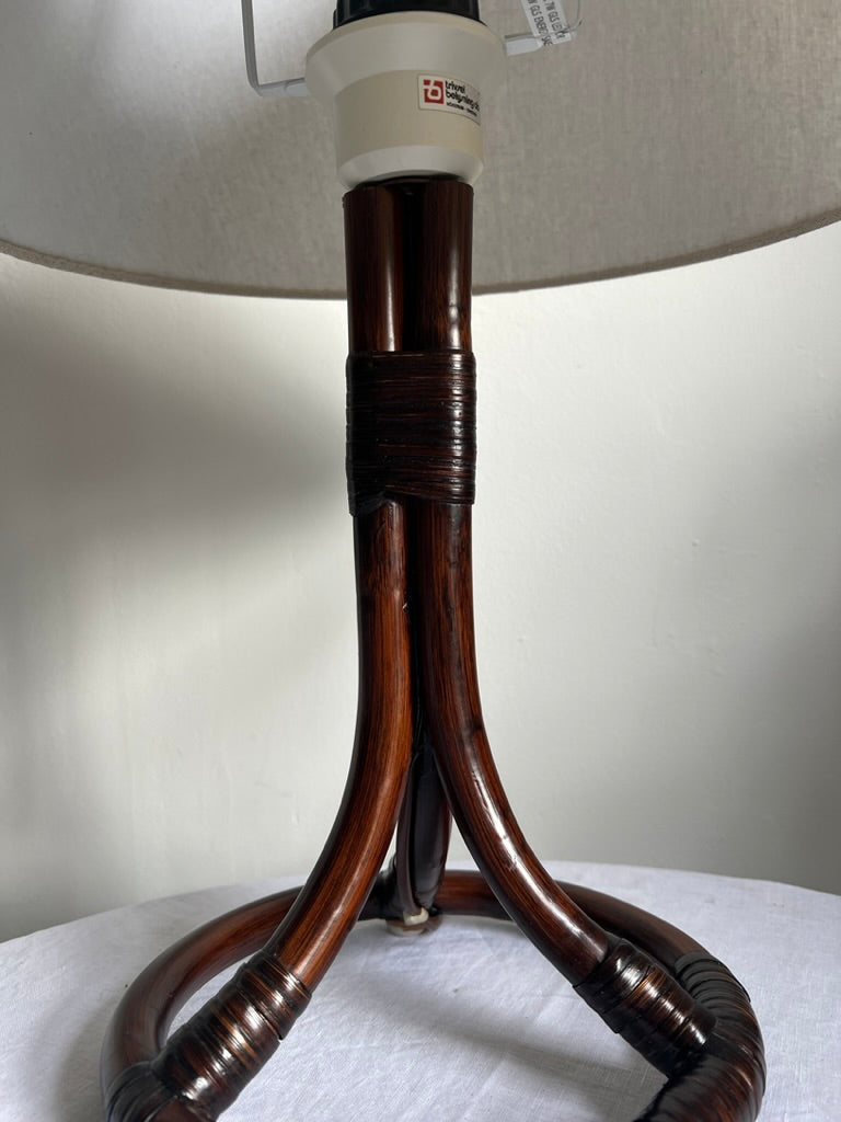 Mid Century Swedish rattan circular based lamp with linen shade