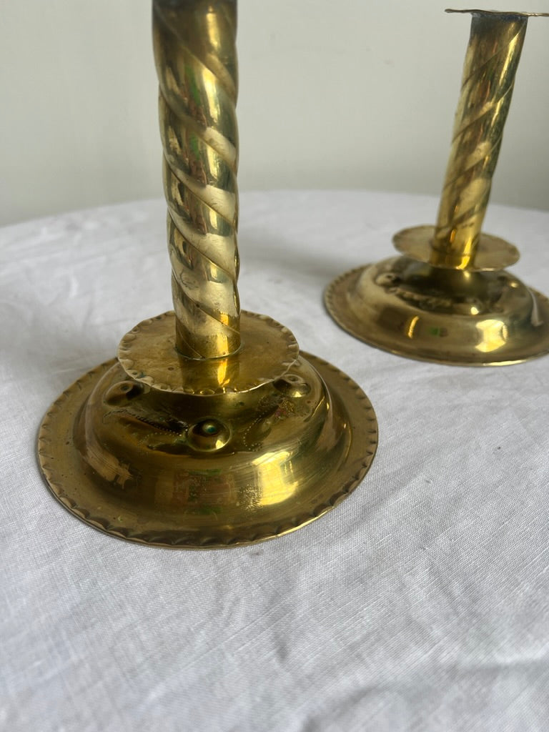 PAIR OF BRASS REPOUSSÉ CANDLE STICKS