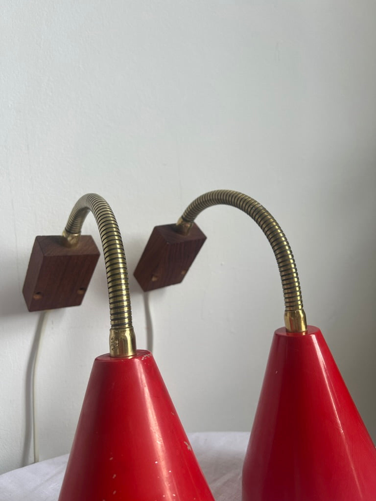 Pair of vintage red wall light with brass bendable arms