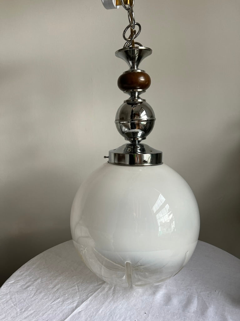Large Danish ceiling pendant with silver and teak detail