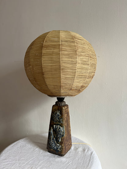 SWEDISH CERAMIC FISH LAMP WITH RATTAN GLOBE SHADE