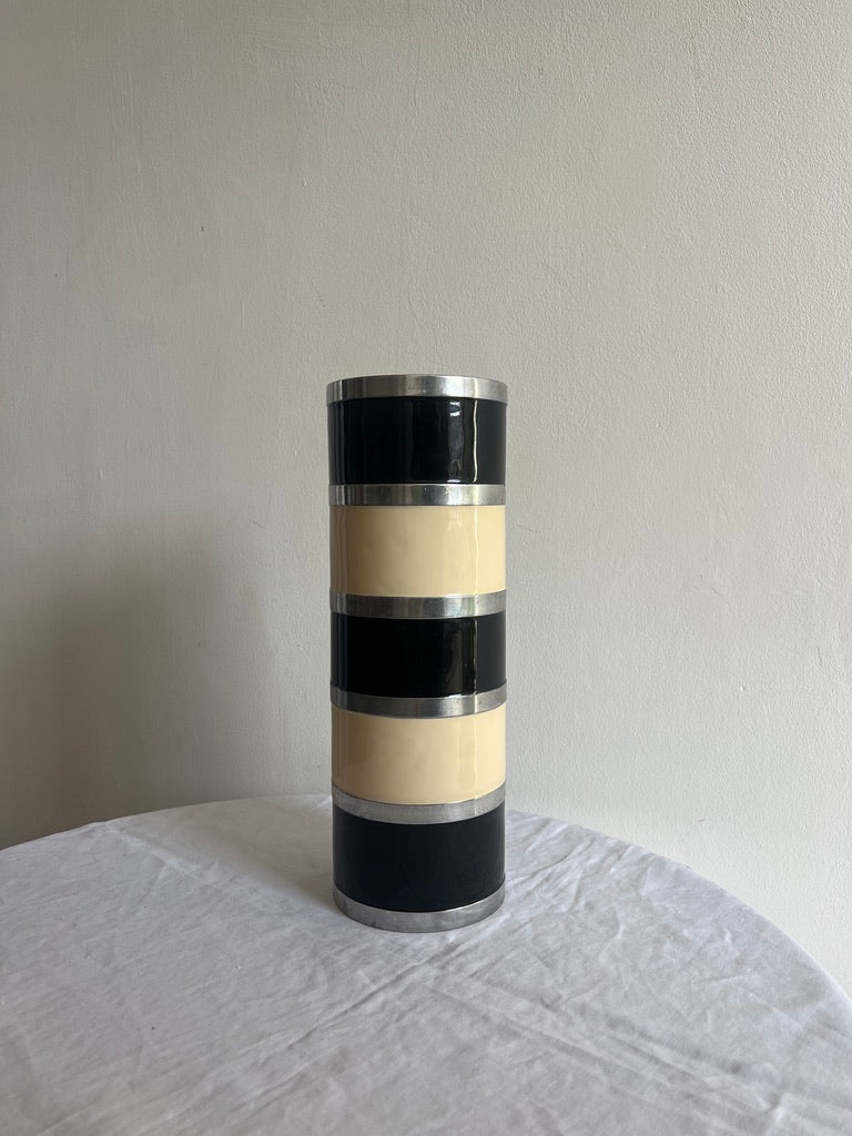 TALL BLACK & CREAM STRIPED CHROME VASE