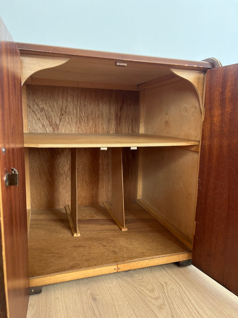 SMALL WALNUT VENEER RECORD CABINET WITH BRASS DETAILS
