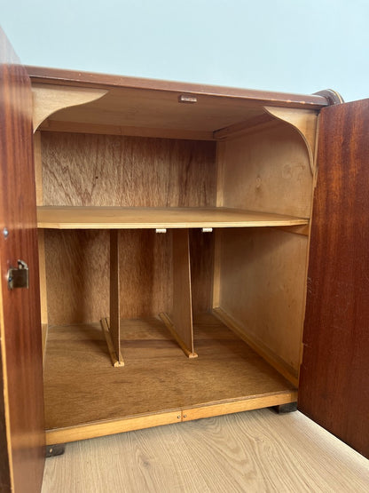 SMALL WALNUT VENEER RECORD CABINET WITH BRASS DETAILS