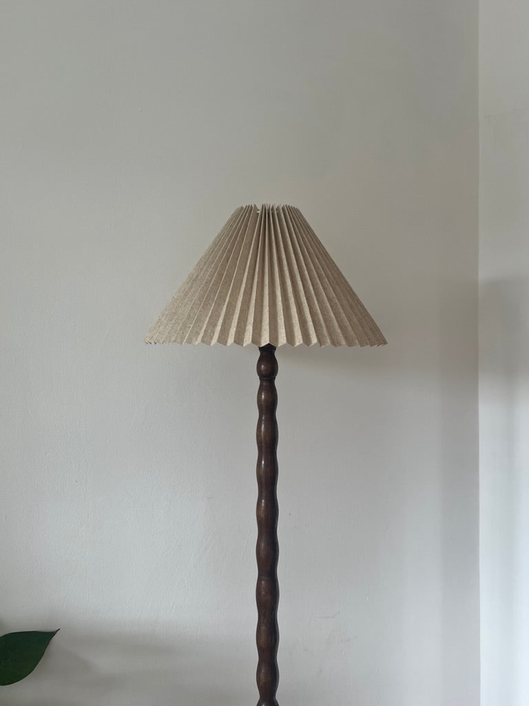 Vintage tall wooden bobbin floor lamp with pleated shade