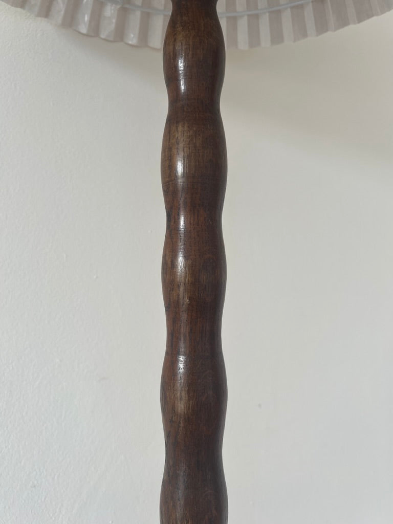 Vintage tall wooden bobbin floor lamp with pleated shade