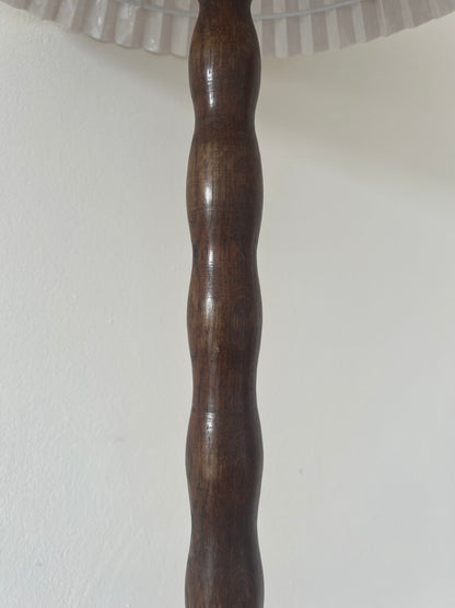 Vintage tall wooden bobbin floor lamp with pleated shade