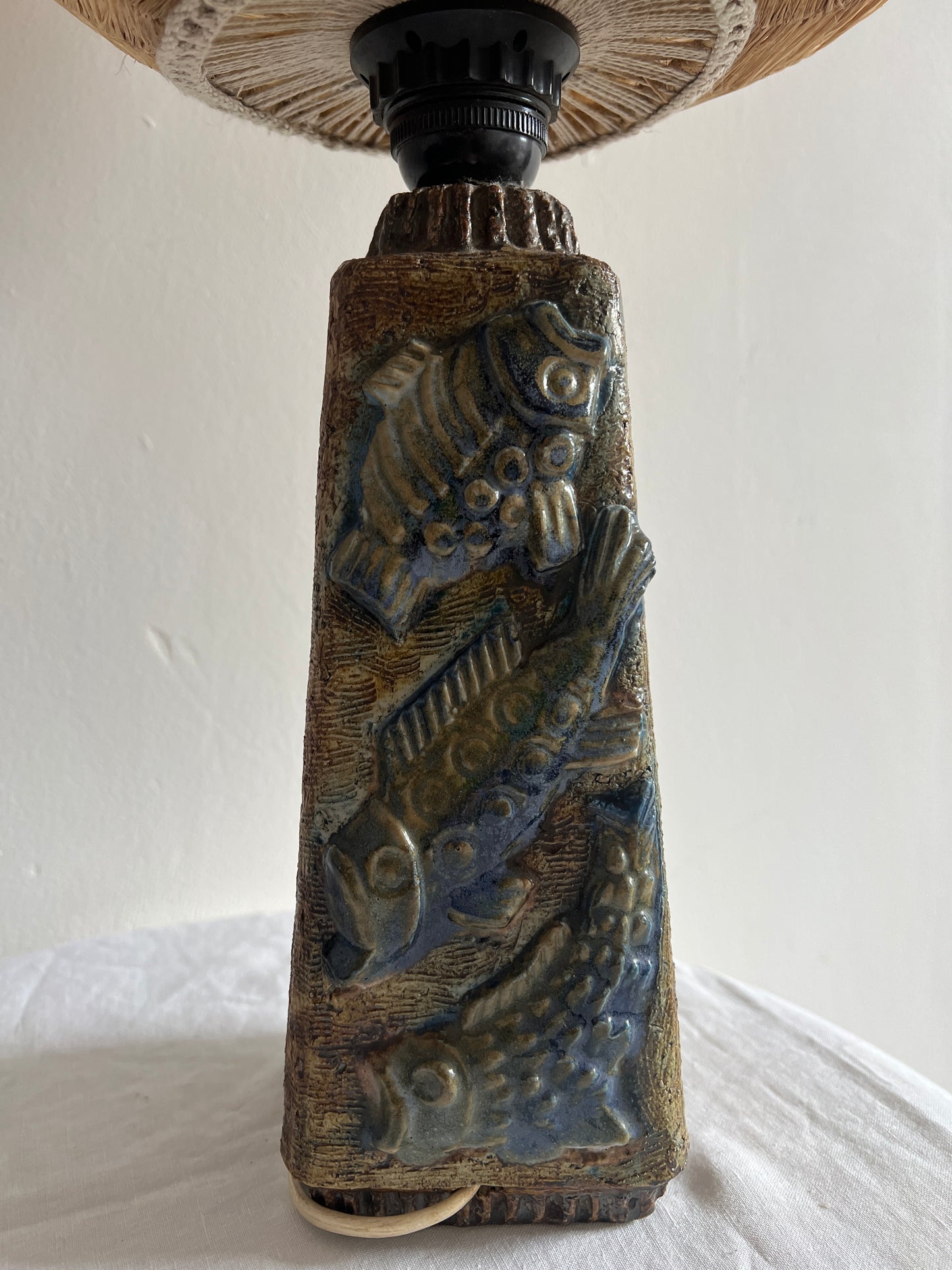 SWEDISH CERAMIC FISH LAMP WITH RATTAN GLOBE SHADE