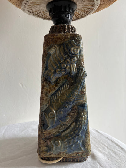 SWEDISH CERAMIC FISH LAMP WITH RATTAN GLOBE SHADE