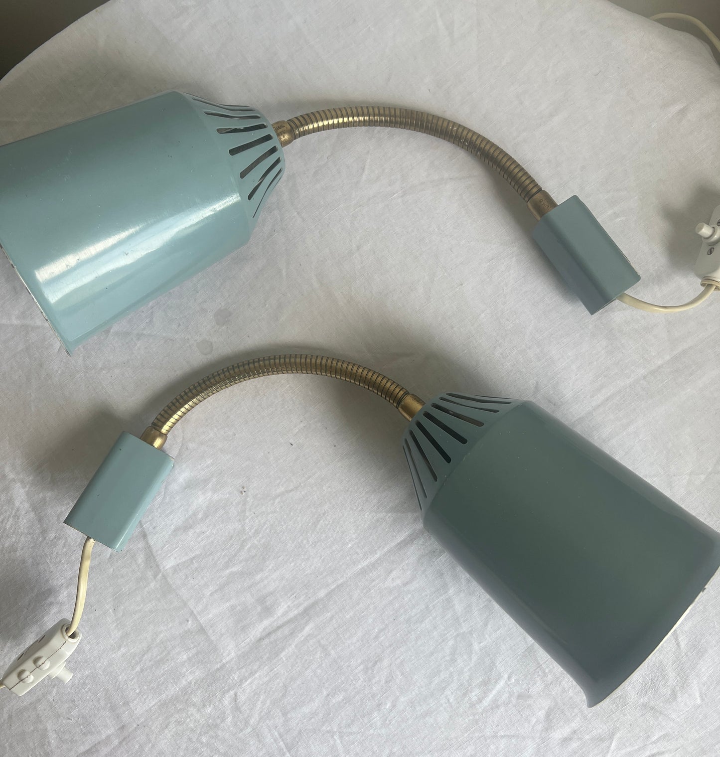 Pair of 50s baby blue brass and metal shades wall lights