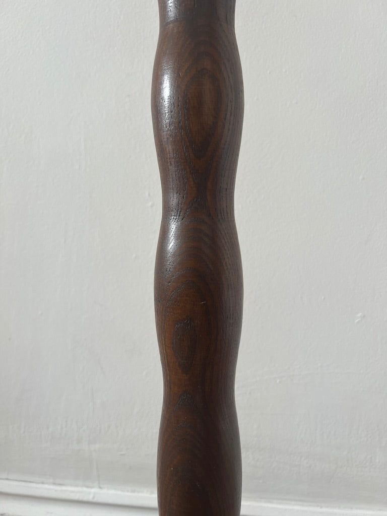 Vintage tall wooden bobbin floor lamp with pleated shade