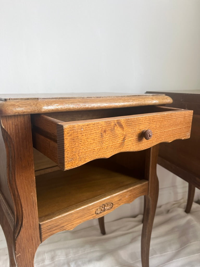 Pair of French matching oak bedside tables with drawers