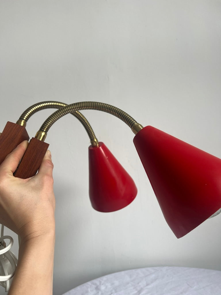 Pair of vintage red wall light with brass bendable arms
