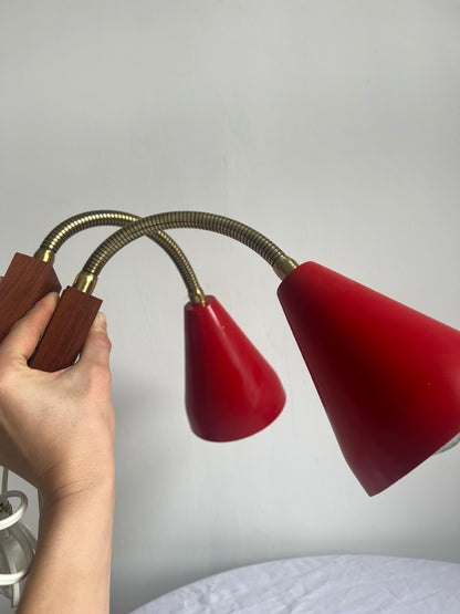 Pair of vintage red wall light with brass bendable arms