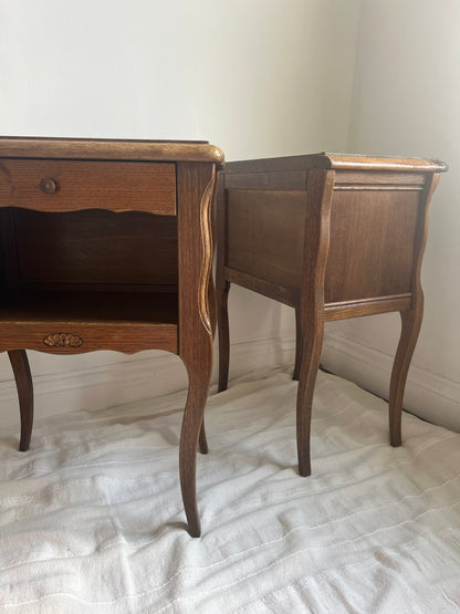 Pair of French matching oak bedside tables with drawers