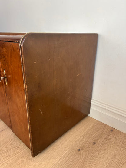 SMALL WALNUT VENEER RECORD CABINET WITH BRASS DETAILS