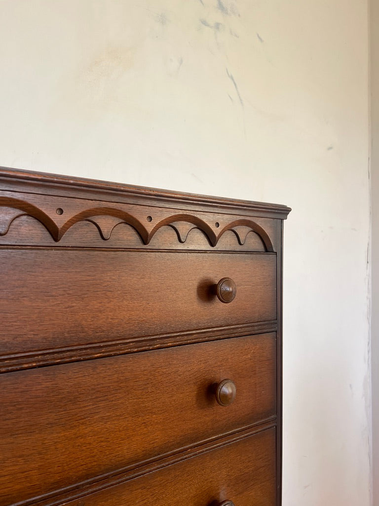 SCALLOPED WOOD TALLBOY CHEST OF DRAWERS