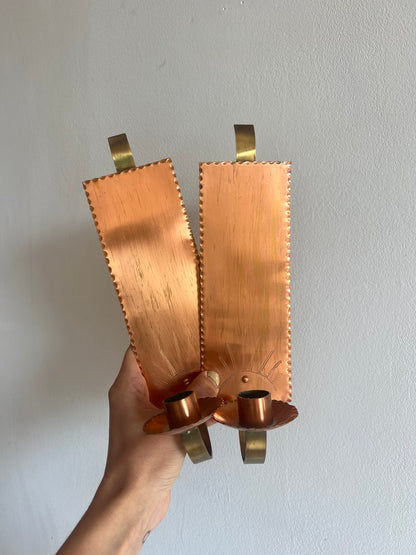 PAIR OF COPPER SUN WALL SCONCES