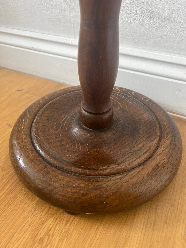 Vintage tall wooden bobbin floor lamp with pleated shade