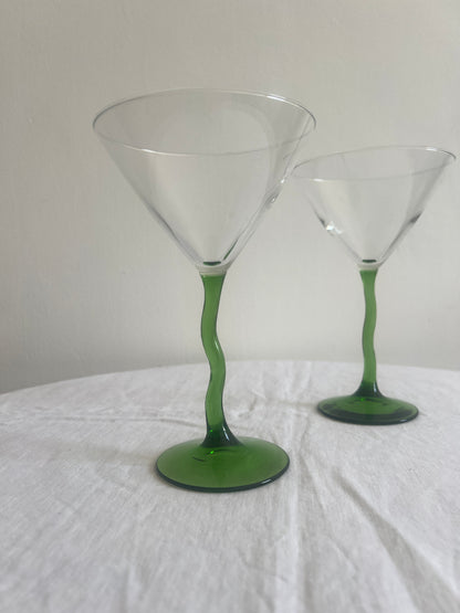 Pair of green wiggle stem cocktail glasses