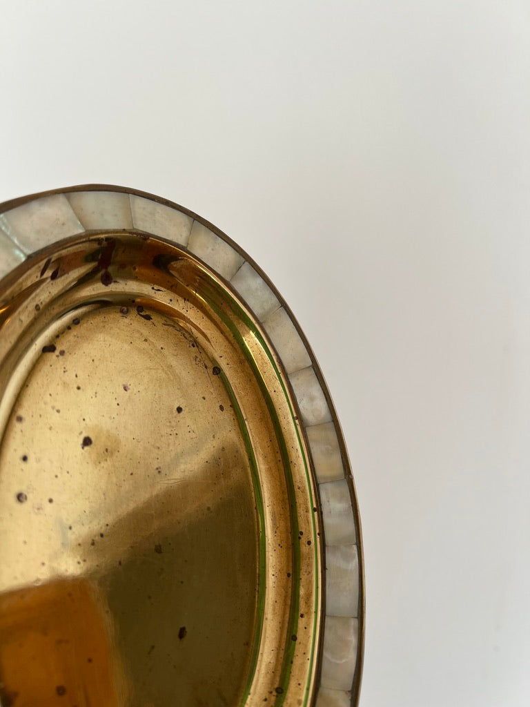 SMALL BRASS TRAY WITH MOTHER OF PEARL BORDER