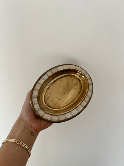 SMALL BRASS TRAY WITH MOTHER OF PEARL BORDER