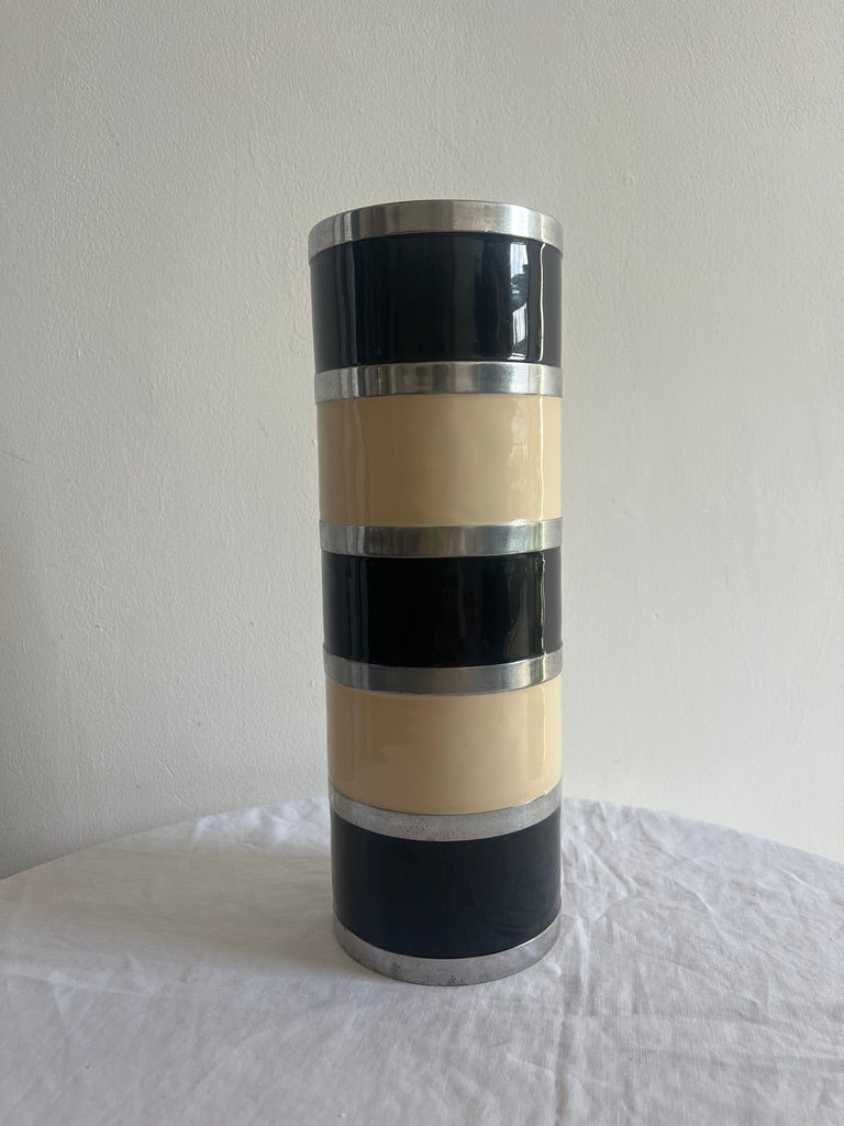 TALL BLACK & CREAM STRIPED CHROME VASE