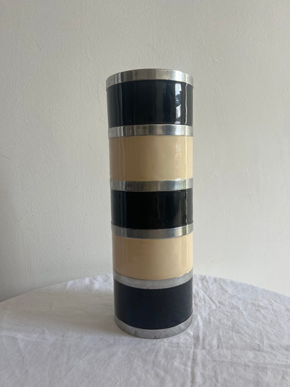 TALL BLACK & CREAM STRIPED CHROME VASE