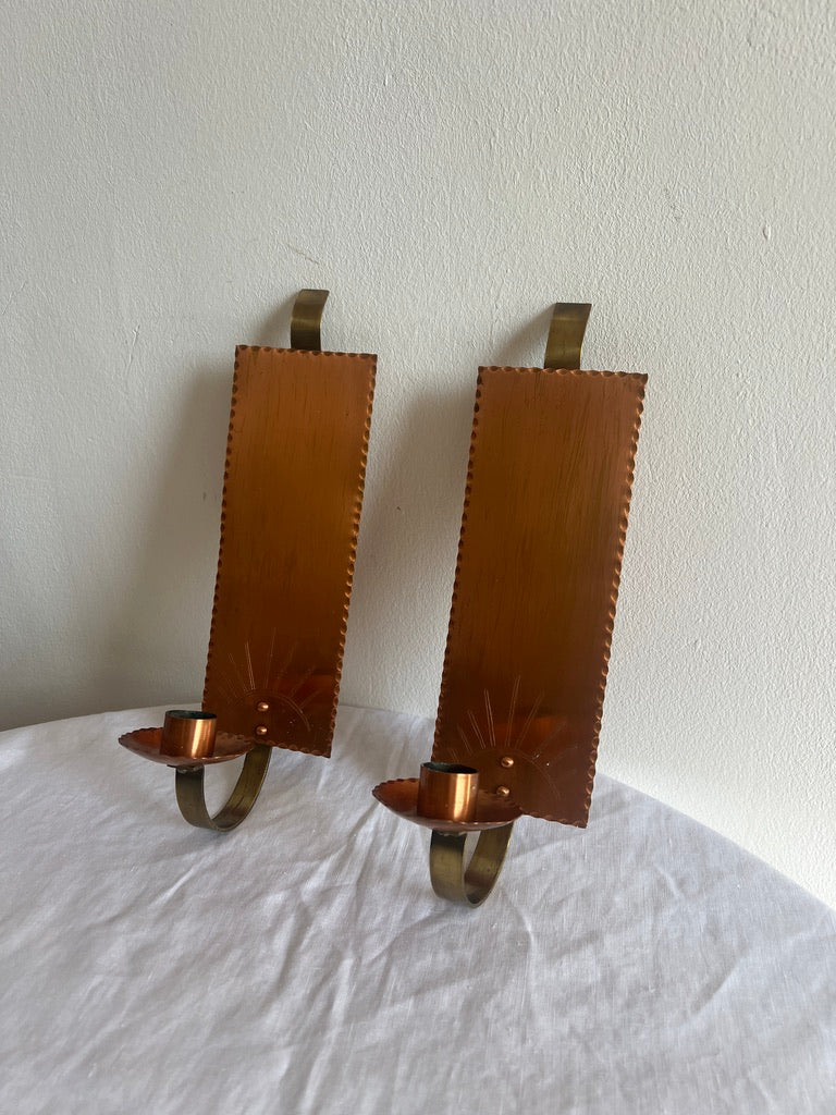 PAIR OF COPPER SUN WALL SCONCES