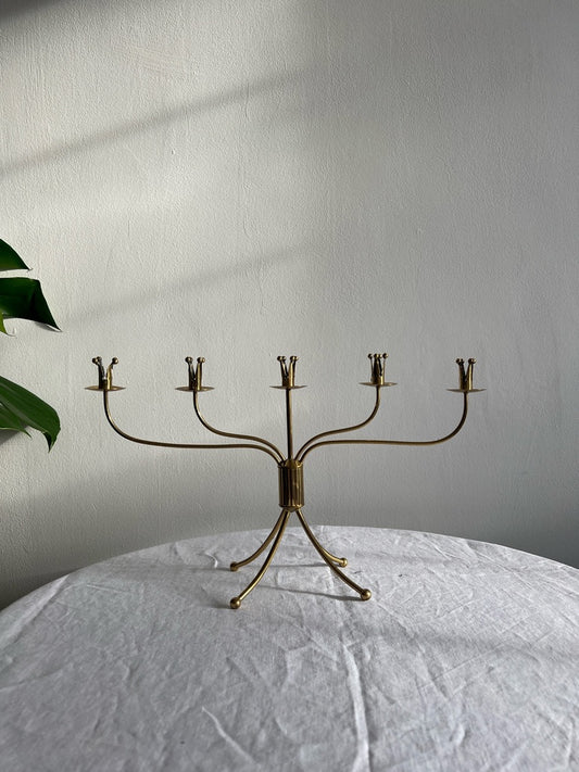 Swedish brass five arm candelabra on ball feet